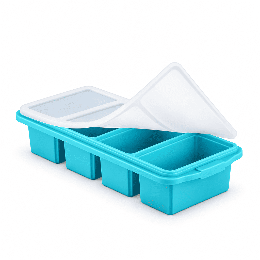 4-compartment silicone soup freezer tray with lid, turquoise base and square wells