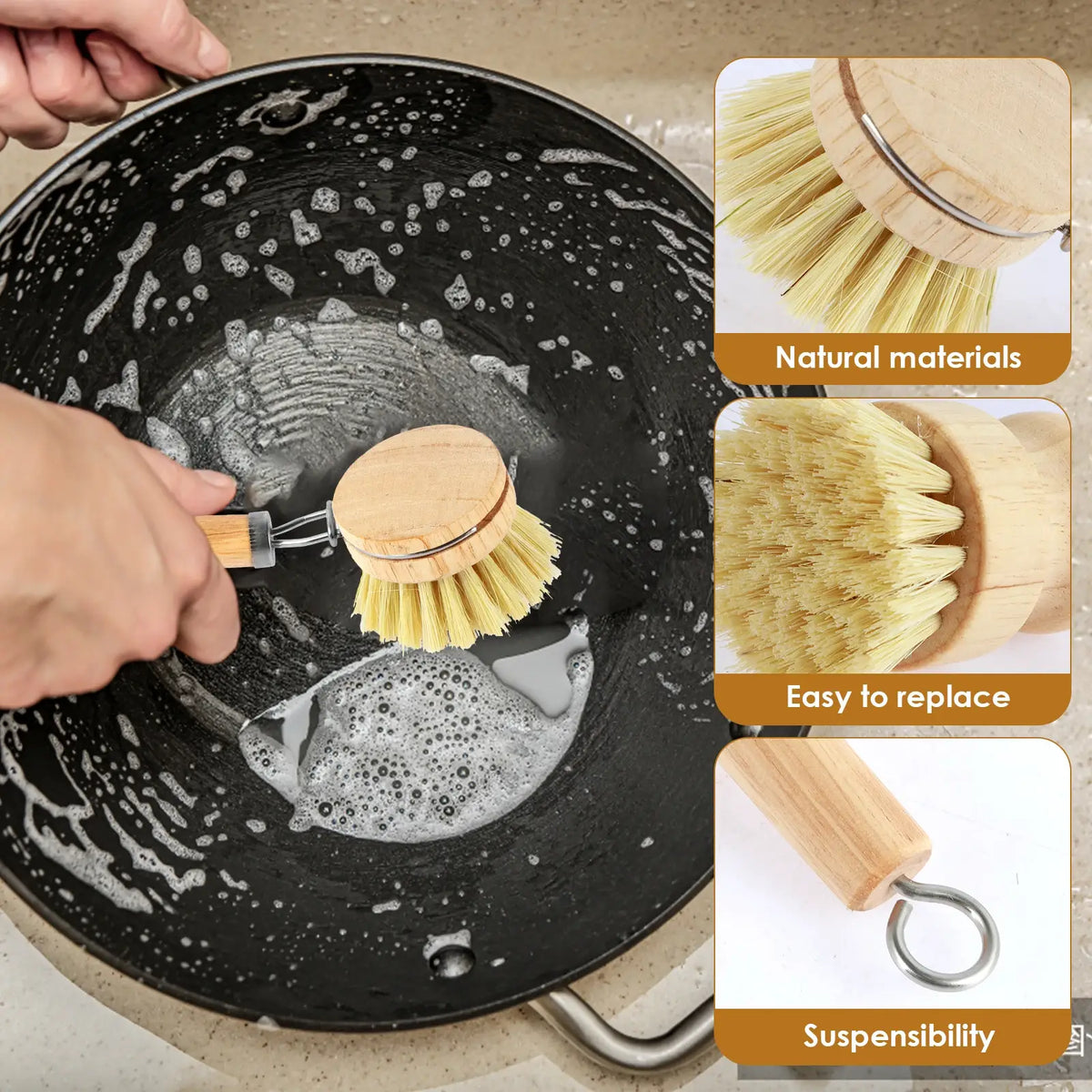 Wooden dish scrub brush scrubbing a nonstick pan with natural yellow bristles