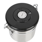 Stainless steel coffee storage canister with black top and dial date tracker