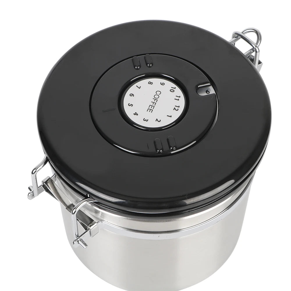 Stainless steel coffee storage canister with black top and dial date tracker