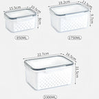 Three clear produce storage containers with removable perforated drain baskets and sizes