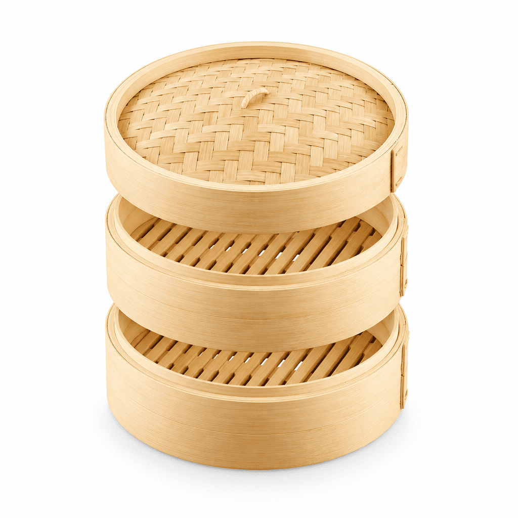 Three-tier natural bamboo steamer basket with woven tiers, stacked
