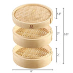 Three-tier natural bamboo steamer basket with lid, round 8 in
