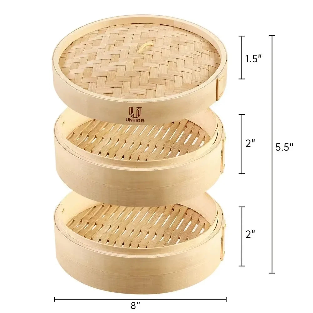Three-tier natural bamboo steamer basket with lid, round 8 in