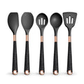 Black silicone cooking utensils with rose-gold handles, assorted spoon and spatula heads
