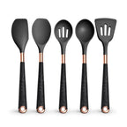 Black silicone cooking utensils with rose-gold handles, assorted spoon and spatula heads