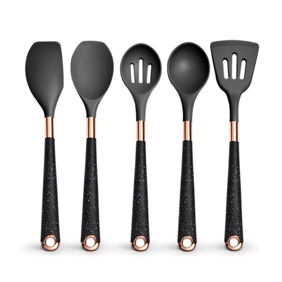Black silicone cooking utensils with rose-gold handles, assorted spoon and spatula heads