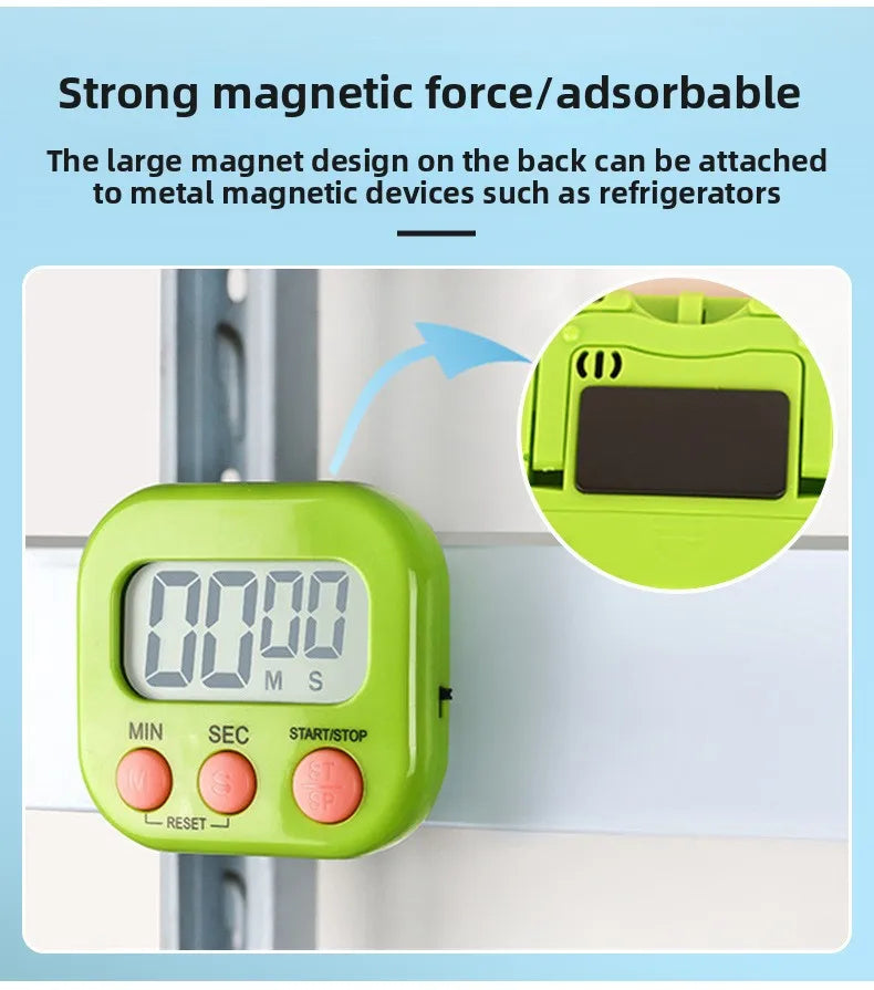 Digital kitchen timer, lime green body with large LCD and 3-button controls