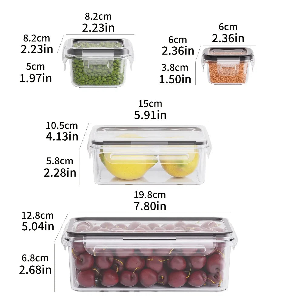 8-piece airtight food storage container set with snap-lock lids, clear containers with size guide
