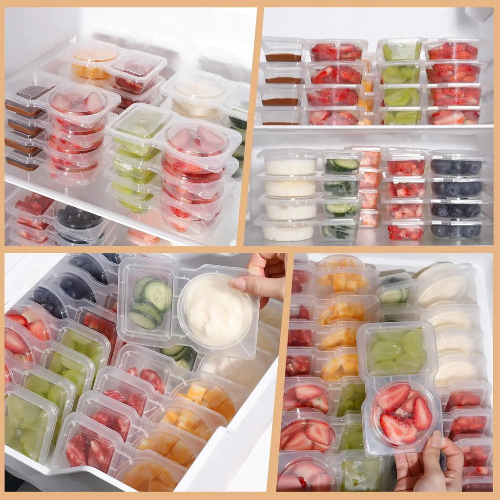 Assorted double-compartment snack containers in organizer trays, clear lids and bottoms