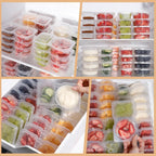 Assorted double-compartment snack containers in organizer trays, clear lids and bottoms