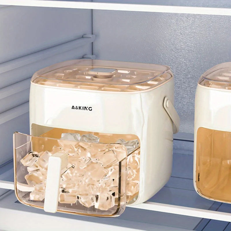 Ice cube maker with pull-out storage drawer and ice cubes inside, side view