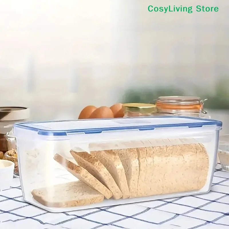 Clear rectangular bread storage box with blue lid and airtight seal, with bread inside