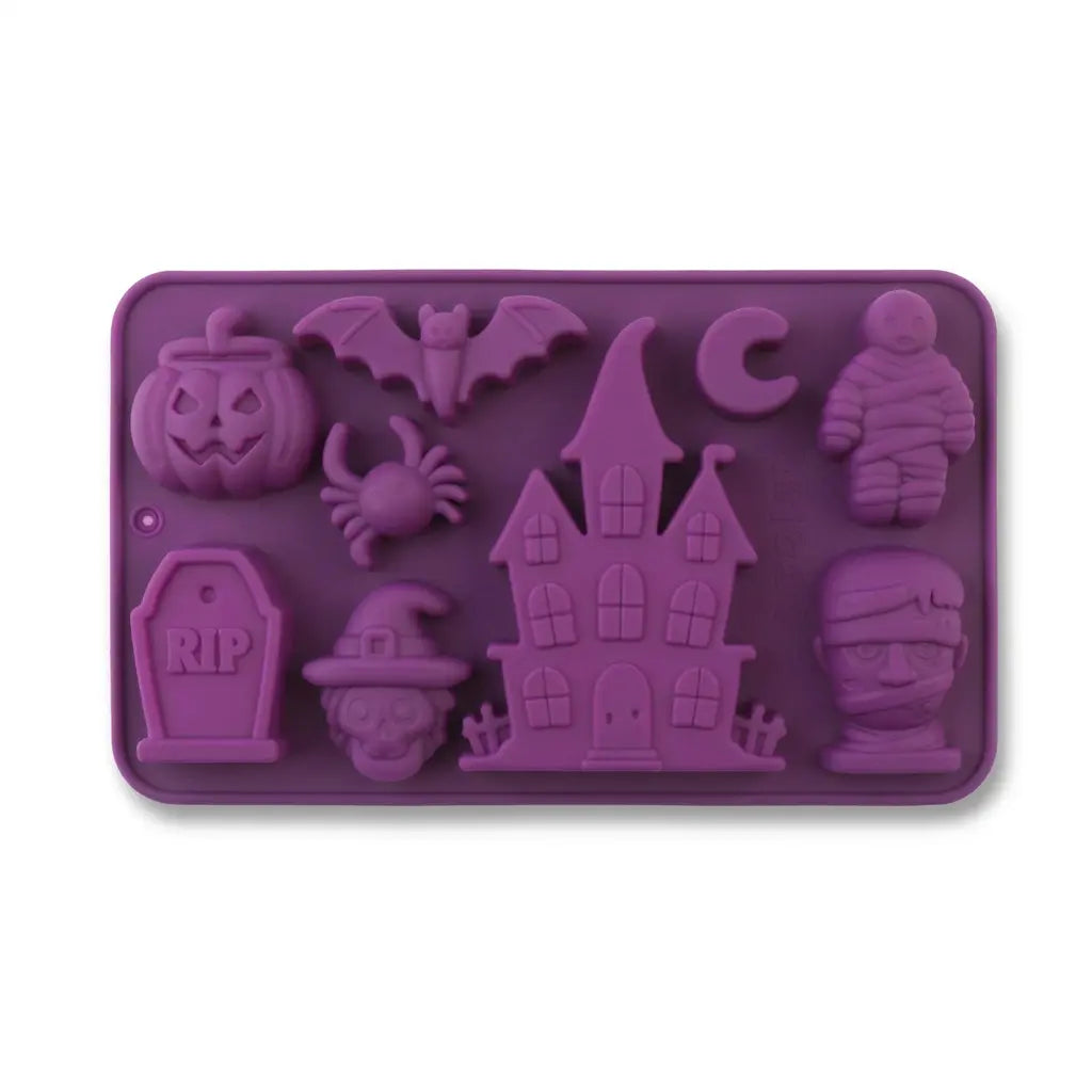 Purple Halloween-themed silicone baking mold with pumpkin, bat, spider, crescent moon, mummy, haunted house, RIP tombstone, witch, and skull shapes.