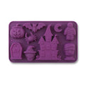 Purple Halloween-themed silicone baking mold with pumpkin, bat, spider, crescent moon, mummy, haunted house, RIP tombstone, witch, and skull shapes.