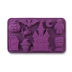 Purple Halloween-themed silicone baking mold with pumpkin, bat, spider, crescent moon, mummy, haunted house, RIP tombstone, witch, and skull shapes.