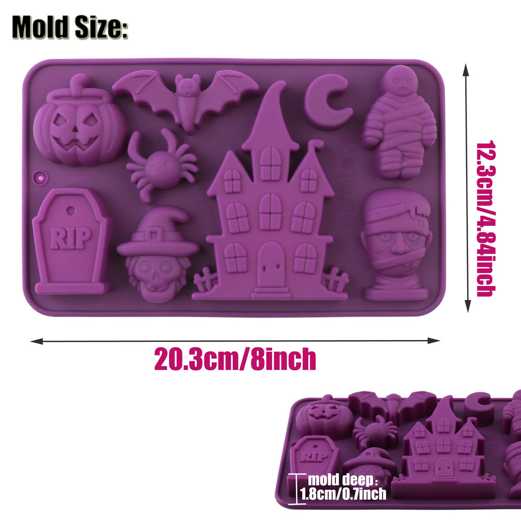 Purple silicone Halloween candy mold, 20.3 cm x 1.8 cm depth; embossed haunted shapes
