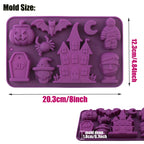 Purple silicone Halloween candy mold, 20.3 cm x 1.8 cm depth; embossed haunted shapes