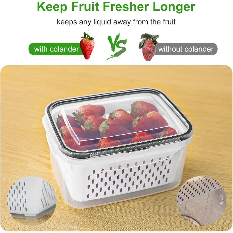 Clear produce storage container with perforated drain basket and vented colander insert
