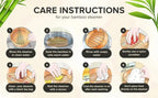 Bamboo steamer care instructions diagram with lid, numbered steps and handwashing tips