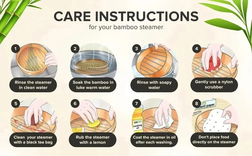 Bamboo steamer care instructions diagram with lid, numbered steps and handwashing tips