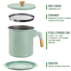 Light green grease can with removable stainless mesh strainer and flat lid cover