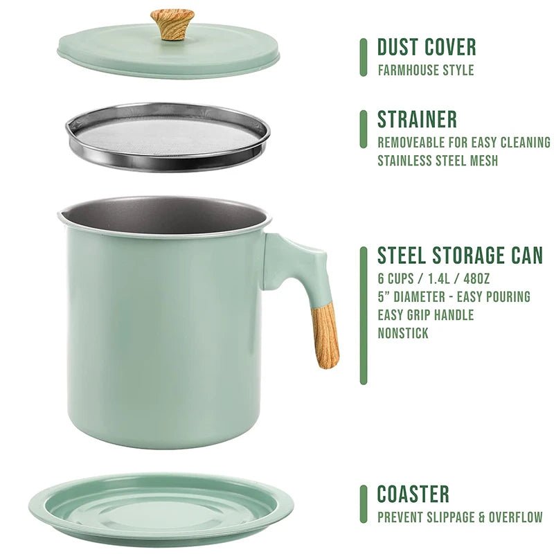 Light green grease can with removable stainless mesh strainer and flat lid cover