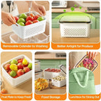 Removable colander produce storage container with perforated basket and clear lid