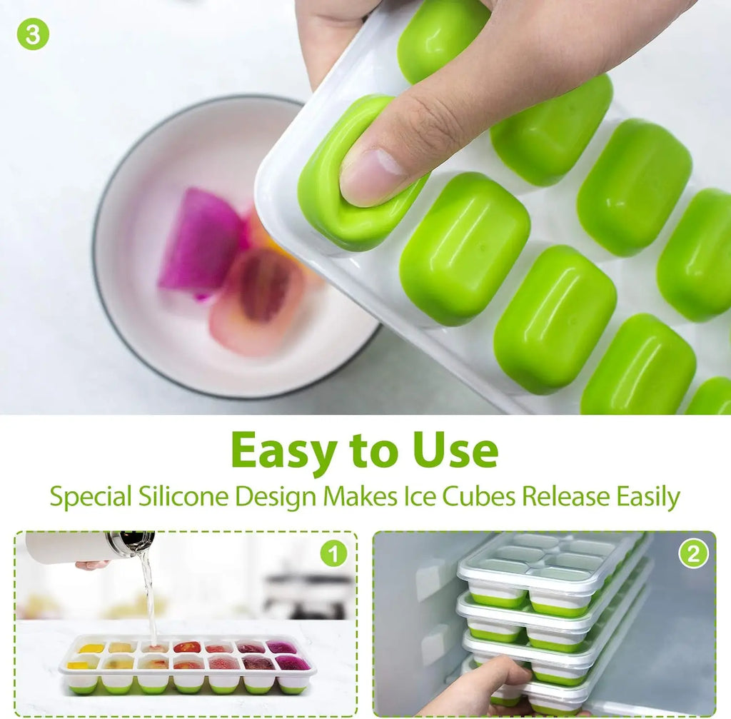 Green silicone ice cube tray with lid on circular plate, with molded cube compartments