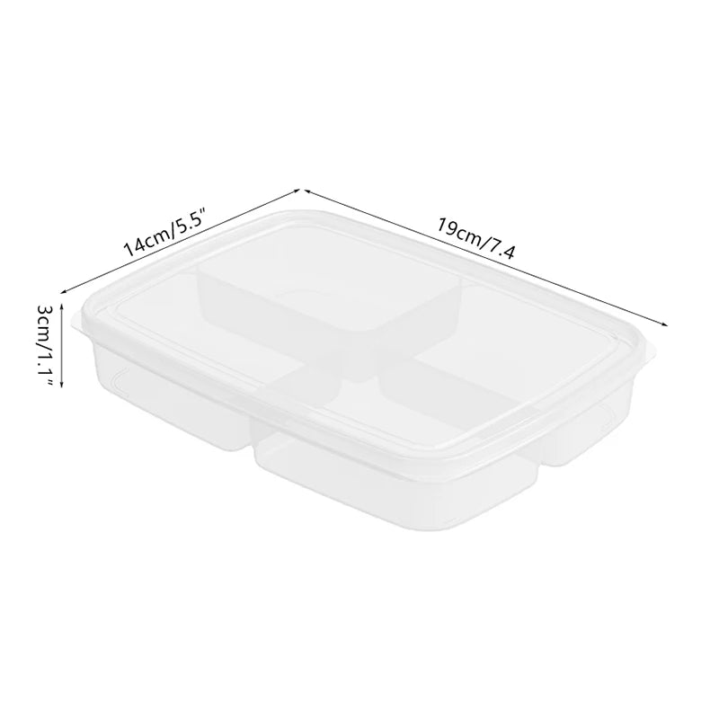 Clear rectangular multi-compartment food storage box with snap lid and dimensions diagram