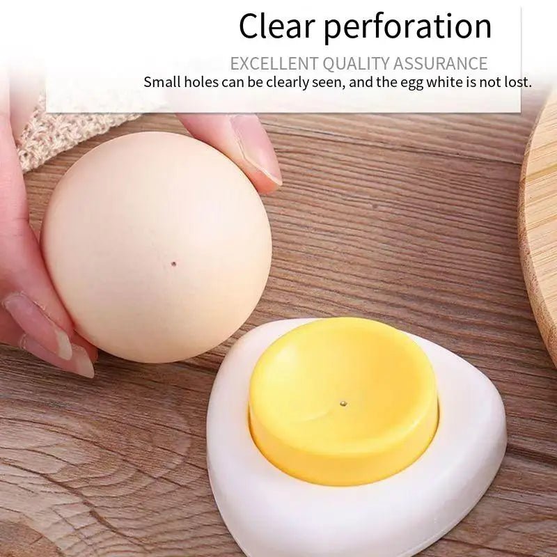 Egg hole puncher tool holding a white boiled egg with visible yellow yolk top