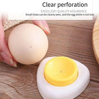 Egg hole puncher tool holding a white boiled egg with visible yellow yolk top