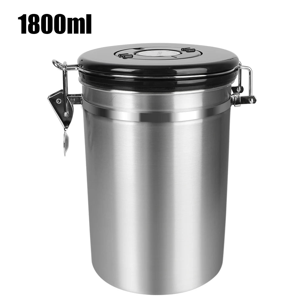 1800 ml stainless steel coffee storage canister with black lid and locking clips