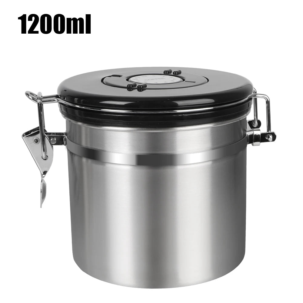 1200 ml stainless steel coffee storage canister with black lid and date window
