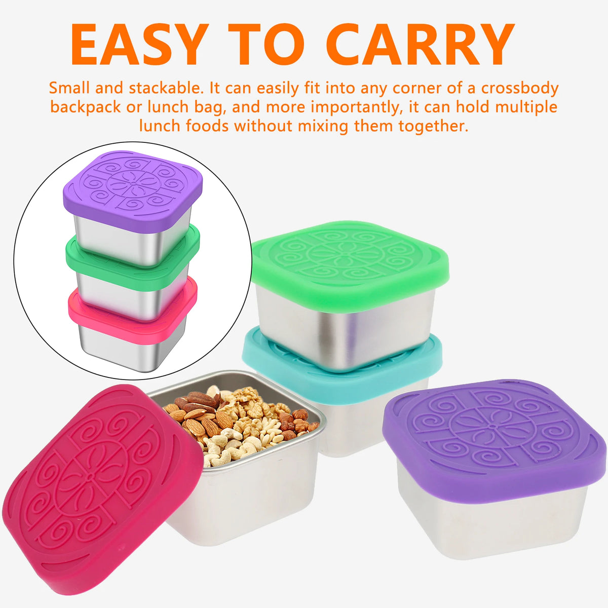 4-piece stainless steel snack containers with silicone lids in purple, green, and pink