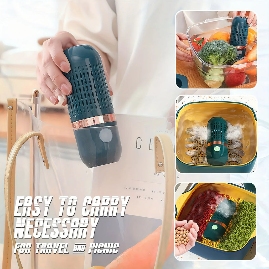 Teal portable wireless food purifier in hand with inset views of use in a bowl