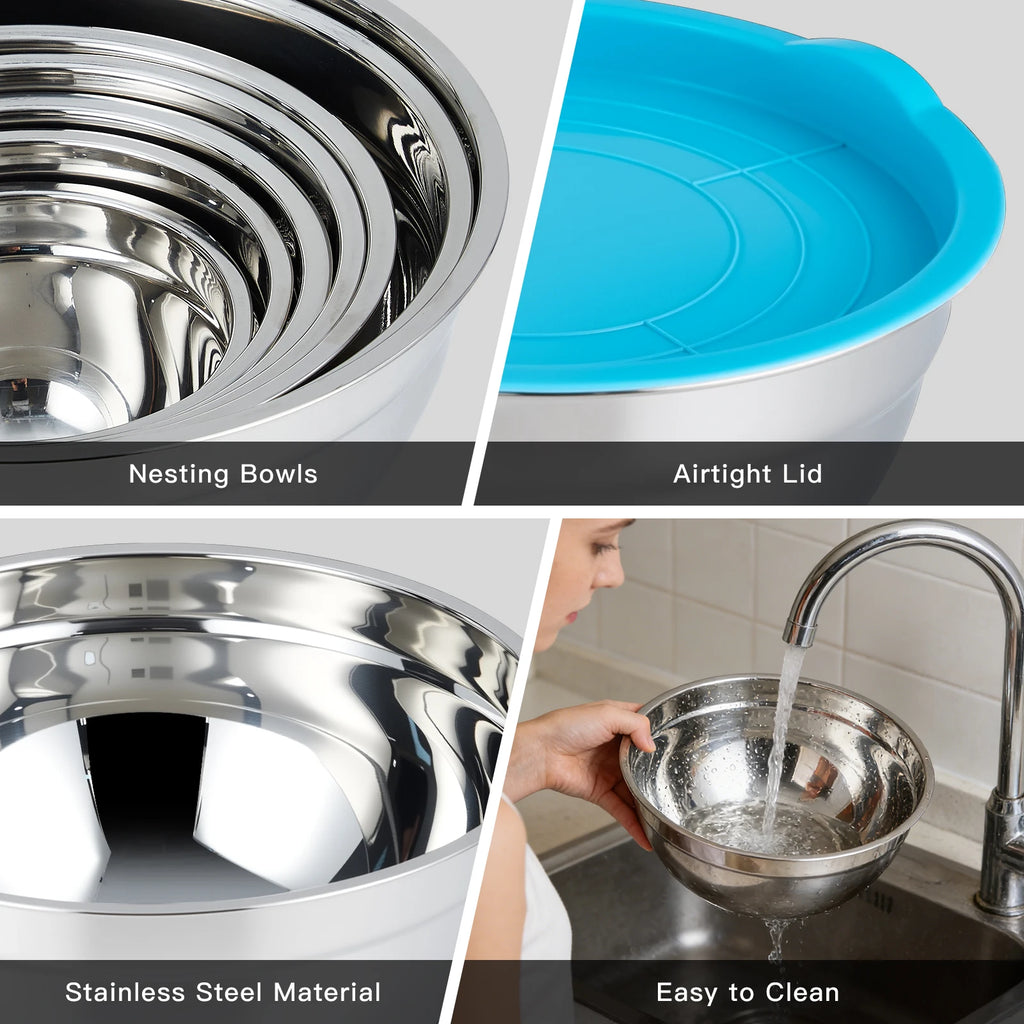 Nesting mixing bowls and airtight lids close-up: stainless steel interior and lid fit.