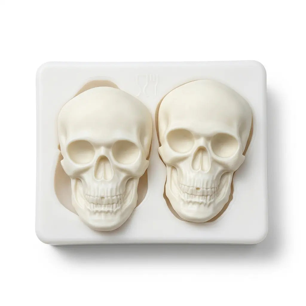 Two white skull-shaped candles or soaps sitting in a white silicone skull mold on white background.