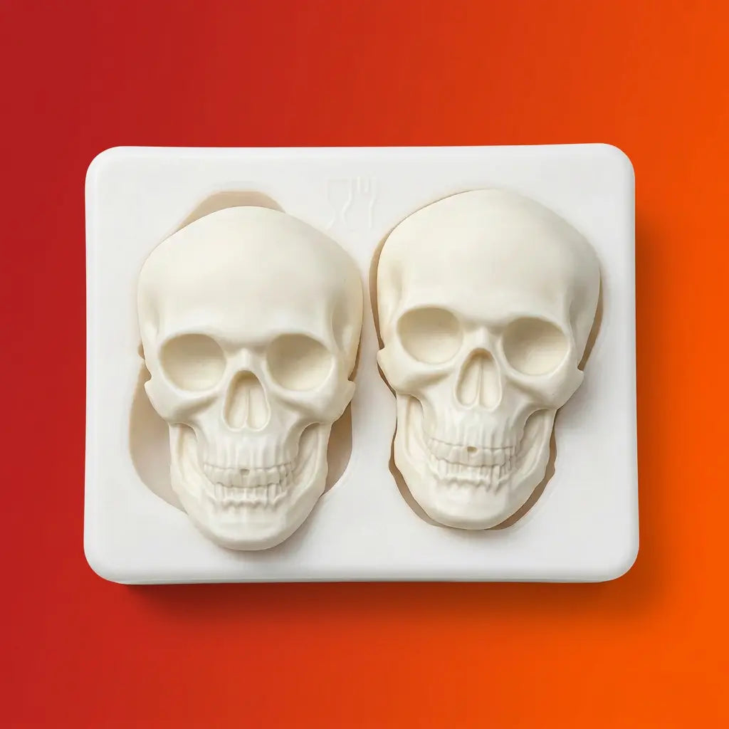 Two white skull-shaped candles or soaps sitting in a white silicone skull mold on orange background.