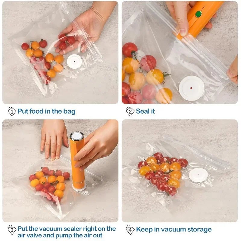 Vacuum sealer food storage bag shown with hand pump in step-by-step use guide