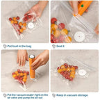 Vacuum sealer food storage bag shown with hand pump in step-by-step use guide