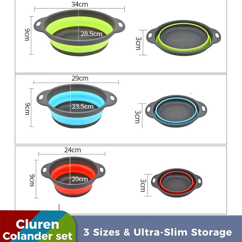 Collapsible colander set showing three sizes: green, blue, and red nested strainers