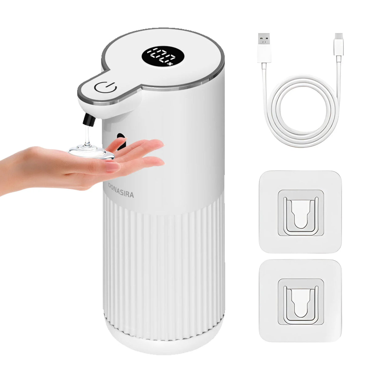 White touchless automatic soap sanitizer dispenser with LED top and hand-activated nozzle