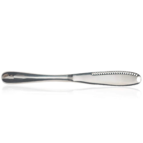 Stainless steel butter curler knife with curved blade and ridged edge detail