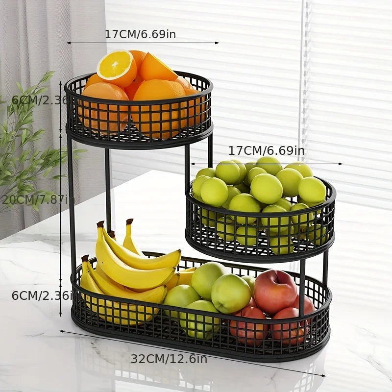 Black three-tier round fruit rack display stand for bananas, apples, grapes, and citrus