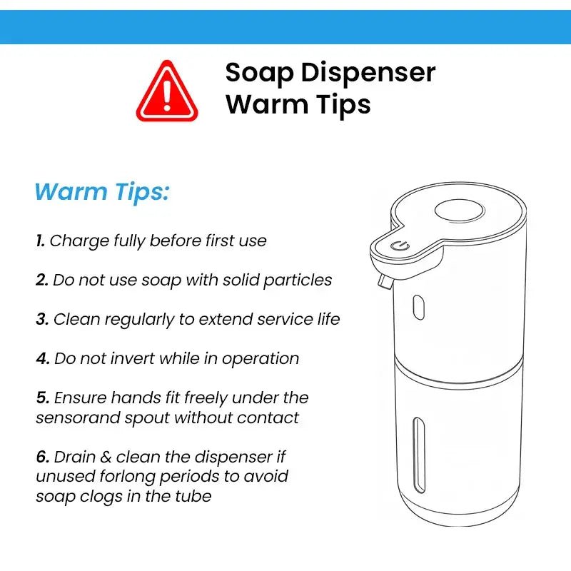 White touchless soap dispenser with warm tips diagram and charging/cleaning guidance