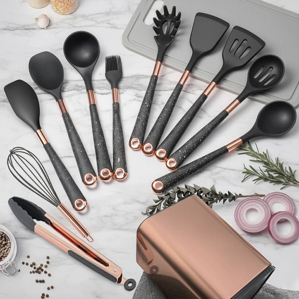 Black silicone cooking utensil set with rose-gold handles and slotted kitchen tools