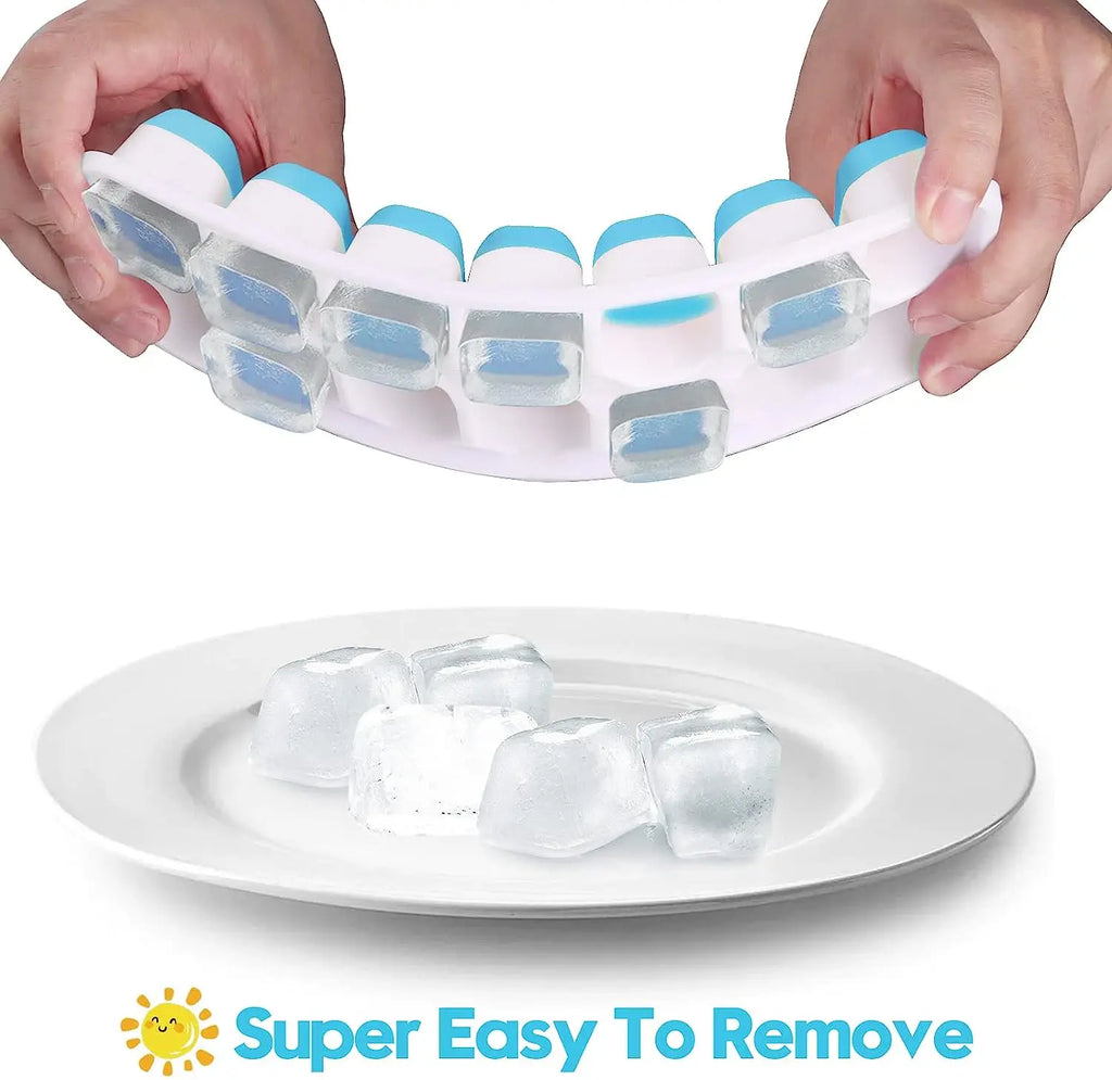 Mint green and sky blue silicone ice cube tray with spill-resistant lid, releasing cubes easily