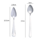 Stainless steel puree spoons set size diagram, 17 cm and 15.5 cm