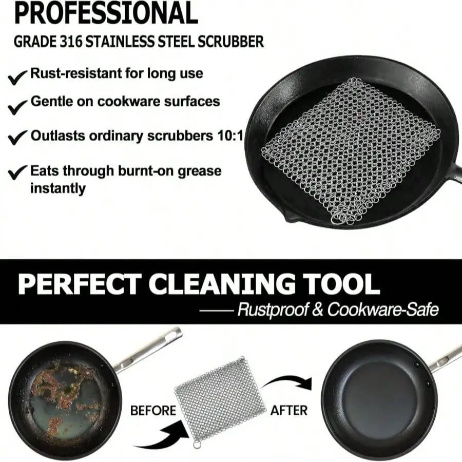 Round 316 stainless steel chainmail scrubber pad for seasoning-safe skillet cleaning